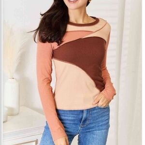 Double Take Colorblock Ribbed Knit Long Sleeve Casual Chic Top NWT Large